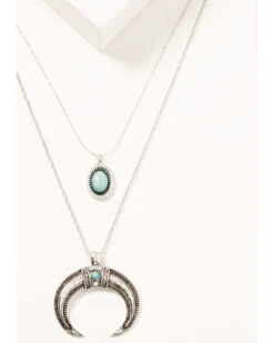 Prime Time Jewelry Women's Silver Crescent Horn & Turquoise Pendant Layered Necklace Set