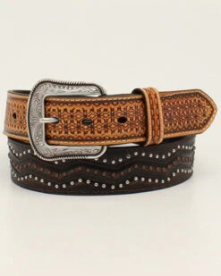 M & F Western Men's Studded Leather Tooled Belt